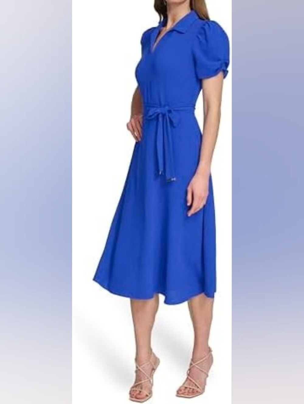 DKNY Royal Blue Waist Tie Short Cinch Sleeve V-Neck Dress